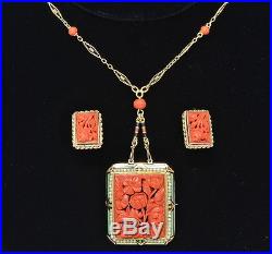 14k Yellow Gold Carved Coral Enamel Seed Pearl Necklace Brooch Pin Earrings Set