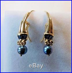 14k Yellow Gold Channel Set Baguette Blue Sapphire Diamond Pearl Earrings