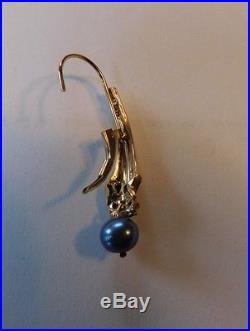 14k Yellow Gold Channel Set Baguette Blue Sapphire Diamond Pearl Earrings