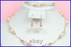 14k Yellow Gold Charming Genuine White Pearls Necklace, Bracelet, Earrings Set