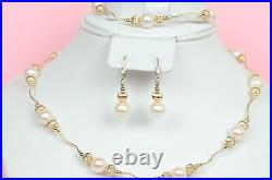 14k Yellow Gold Charming Genuine White Pearls Necklace, Bracelet, Earrings Set