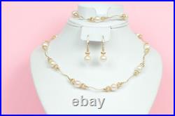 14k Yellow Gold Charming Genuine White Pearls Necklace, Bracelet, Earrings Set