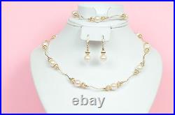 14k Yellow Gold Charming Genuine White Pearls Necklace, Bracelet, Earrings Set