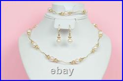 14k Yellow Gold Charming Genuine White Pearls Necklace, Bracelet, Earrings Set