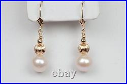 14k Yellow Gold Charming Genuine White Pearls Necklace, Bracelet, Earrings Set