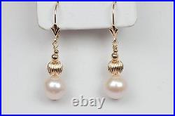 14k Yellow Gold Charming Genuine White Pearls Necklace, Bracelet, Earrings Set