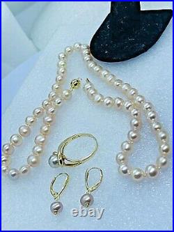 14k Yellow Gold Cultured Pearl Necklace 18, Ring size 9 and Dangle Earrings Set