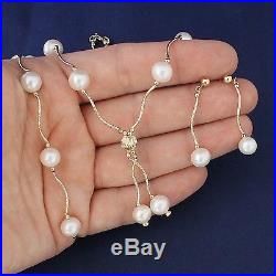 14k Yellow Gold + Cultured White Pearls Necklace, Bracelet, Earrings Set