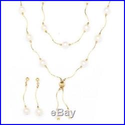 14k Yellow Gold + Cultured White Pearls Necklace, Bracelet, Earrings Set
