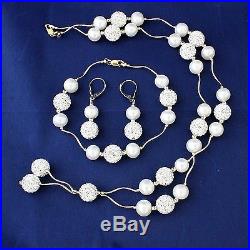 14k Yellow Gold, Czech Crystal Beads, White Pearls Necklace, Bracelet, Earrings Set