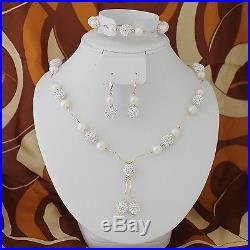 14k Yellow Gold, Czech Crystal Beads, White Pearls Necklace, Bracelet, Earrings Set