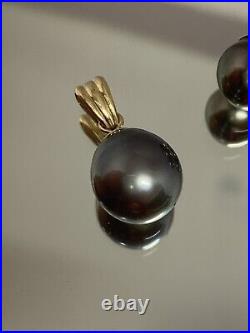 14k Yellow Gold Designer QS Tahitian Black Pearl Pendant And Earrings Set 11.5mm
