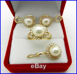 14k Yellow Gold Diamond & Pearl HALO Style Ring, Pendant & Earrings Set