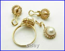 14k Yellow Gold Diamond & Pearl HALO Style Ring, Pendant & Earrings Set