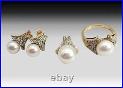 14k Yellow Gold, Diamond & Pearl Ring, Pendant & Earrings Set