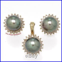 14k Yellow Gold Diamonds & 8-8.5mm Peacock Cultured Pearl Earring & Pendant Set