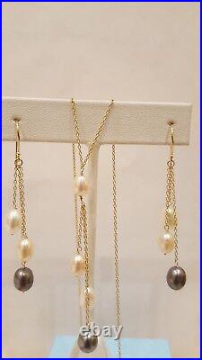 14k Yellow Gold Earring & Neckles Set 3 colors Pearls. 5×7 mm Pearls