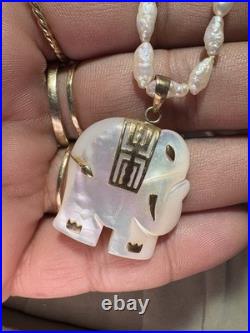 14k Yellow Gold Elephant Mother Pearl Necklace Bracelet Set Lot 3 Items 20.8G JM