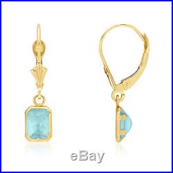 14k Yellow Gold Emerald Cut Bezel Set Birthstone Dangle Drop Leverback Earrings