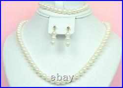 14k Yellow Gold Genuine White Pearls 3 piece Set Necklace, Bracelet, Earrings