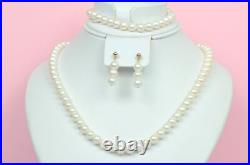 14k Yellow Gold Genuine White Pearls 3pcs Set Necklace, Bracelet, Earrings