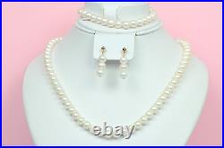 14k Yellow Gold Genuine White Pearls 3pcs Set Necklace, Bracelet, Earrings