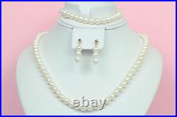 14k Yellow Gold Genuine White Pearls 3pcs Set Necklace, Bracelet, Earrings