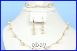 14k Yellow Gold Genuine White Pearls 3pcs Women SetNecklace, Bracelet, Earrings