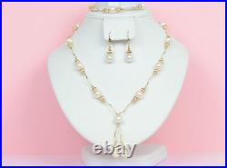 14k Yellow Gold Genuine White Pearls 3pcs Women SetNecklace, Bracelet, Earrings