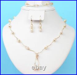 14k Yellow Gold Genuine White Pearls 3pcs Women SetNecklace, Bracelet, Earrings