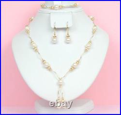 14k Yellow Gold Genuine White Pearls 3pcs Women SetNecklace, Bracelet, Earrings