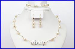 14k Yellow Gold Genuine White Pearls 3pcs Women SetNecklace, Bracelet, Earrings