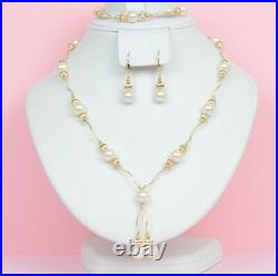 14k Yellow Gold Genuine White Pearls 3pcs Women SetNecklace, Bracelet, Earrings