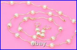 14k Yellow Gold Genuine White Pearls 3pcs Women SetNecklace, Bracelet, Earrings