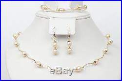 14k Yellow Gold Genuine White Pearls 3pcs Women SetNecklace, Bracelet, Earrings