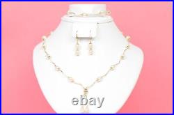 14k Yellow Gold Genuine White Pearls 3pcs Women SetNecklace, Bracelet, Earrings