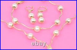 14k Yellow Gold Genuine White Pearls 3pcs Women SetNecklace, Bracelet, Earrings