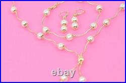 14k Yellow Gold Genuine White Pearls 3pcs Women SetNecklace, Bracelet, Earrings