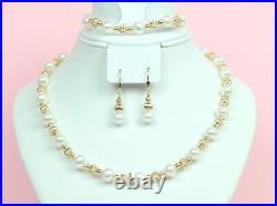 14k Yellow Gold Genuine White Pearls3pcs Set Necklace, Bracelet, Earrings