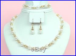 14k Yellow Gold Genuine White Pearls3pcs Set Necklace, Bracelet, Earrings
