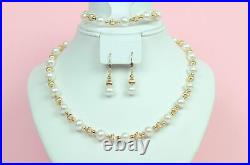 14k Yellow Gold Genuine White Pearls3pcs Set Necklace, Bracelet, Earrings