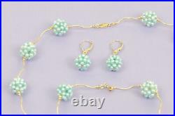 14k Yellow Gold Genuine dyed Pearl Jewelry set (necklace, bracelet, earrings)