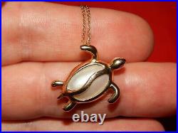 14k Yellow Gold Hawaiian Mother Of Pearl Large Turtle Pendant Necklace Set