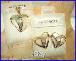 14k Yellow Gold Heart Mother of Pearl Abalone Stud Earrings Pendant Set