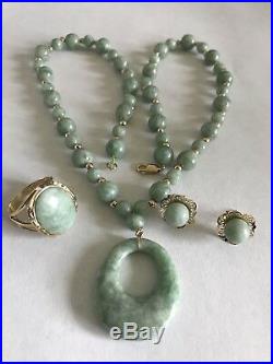 14k Yellow Gold Jade Bead Necklace Pendant Earrings Ring Jewelry Set, 46.2 Grams