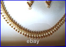 14k Yellow Gold Jewelry Set Cultured Freshwater Pearl Beaded Necklace & Earrings