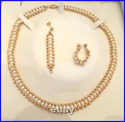 14k Yellow Gold Jewelry Set Cultured Freshwater Pearl Beaded Necklace & Earrings