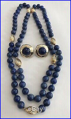 14k Yellow Gold Lapis Lazuli Round Bead Chain Necklace & Earrings Set