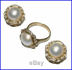 14k Yellow Gold Mabe Pearl & 1.0tdw Diamond Earring and Ring Set Ring Size 9.5
