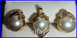 14k Yellow Gold Mabe Pearl Clip On Earrings With Pendant Set(331)